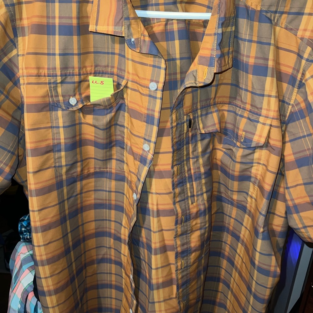 LL5 LL Bean Men’s 2XL Short Sleeve Shirt Orange Blue 53% Poly 47% Nylon
